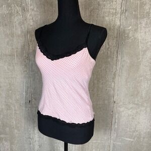 Energie Vintage Pink Polka Dot Lace Trim Cami Top Womens Large Y2K Coquette